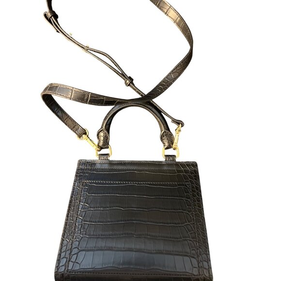 Modern Picnic Black Vegan Leather Lunch Bag Box Croc Embossed Crossbody NWOT - Picture 5 of 9